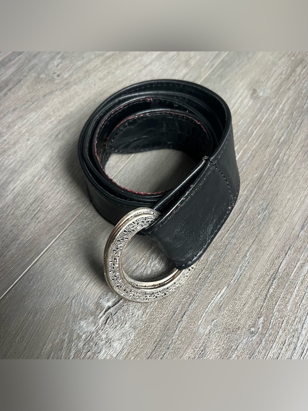 Vintage Black Leather Belt Silver Ring Buckle Boho Western S/M - Picture 7 of 10